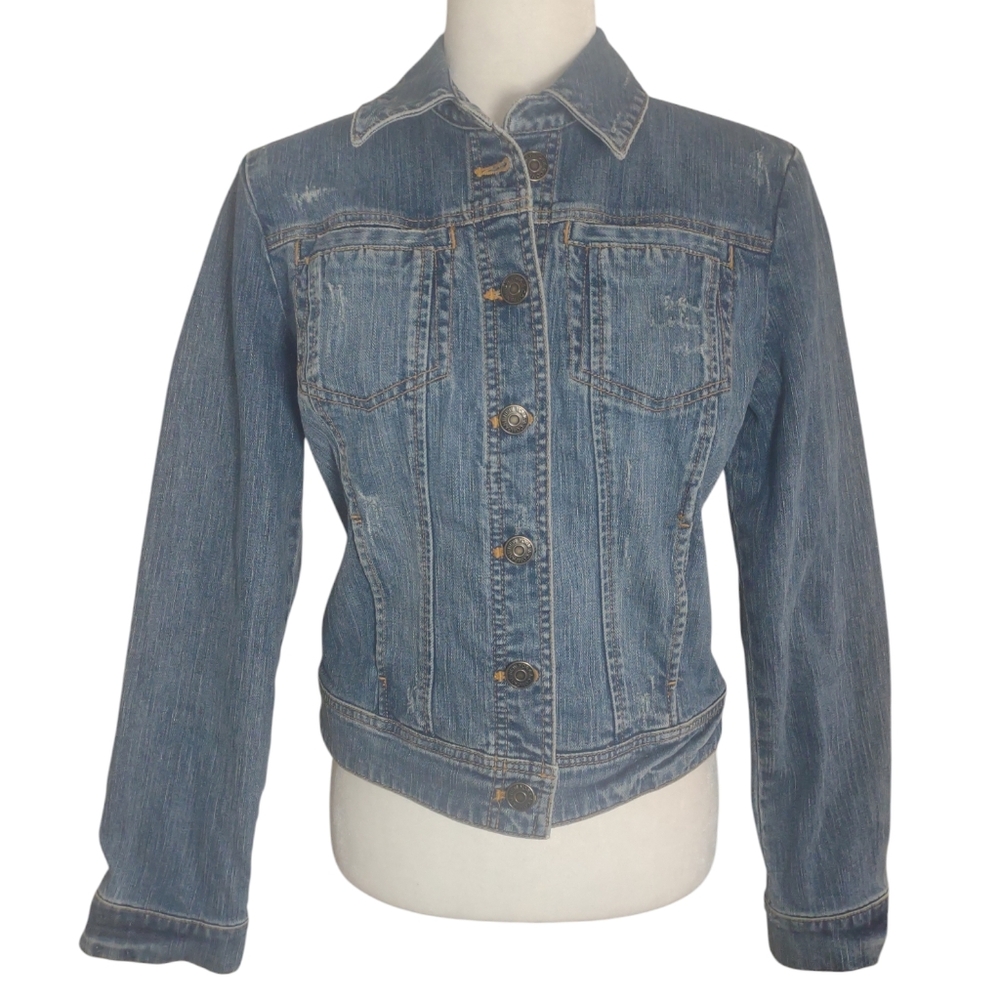New‎ York & Company Denim Jacket Women's S Lightly Distressed Buttons Blue